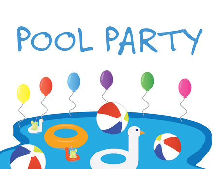 Summer pool party banner with white background and colorful balloonsのイラスト素材