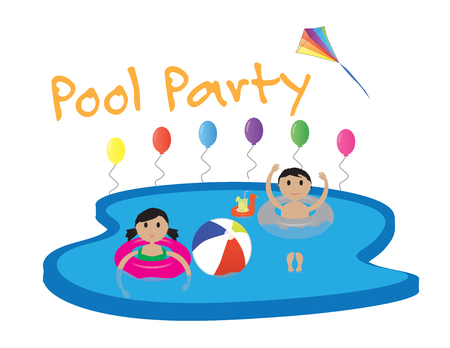 Summer pool party banner with white background, balloons and colorful kiteのイラスト素材