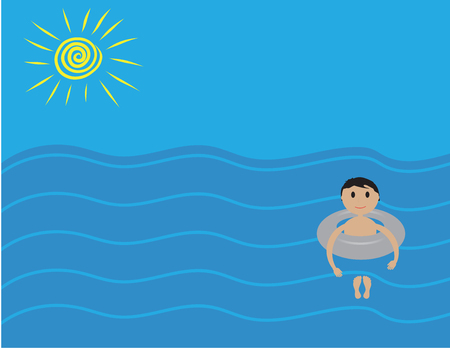 Summer background. Young boy floating in the seaのイラスト素材