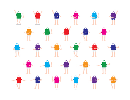 Summer Sale icon set, Shopping bags in different colors with arms and legsのイラスト素材