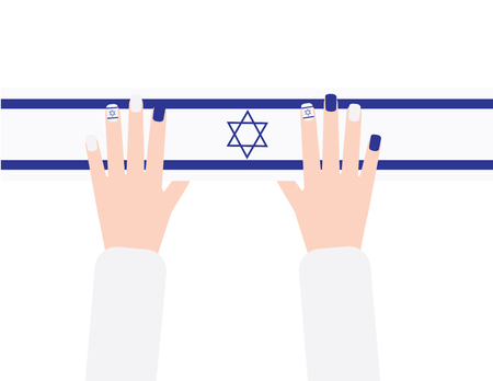 Two hands with blue and white nail polish on horizontal Israel flag backgroundのイラスト素材
