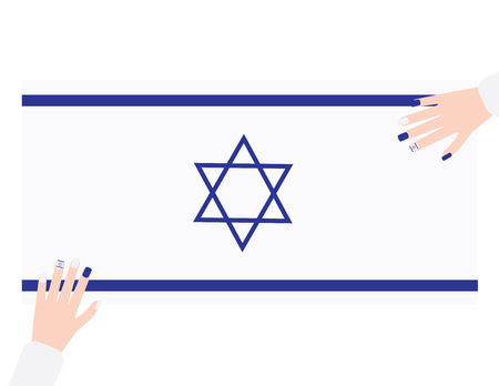 Two hands with blue and white nail polish on Israel flag backgroundのイラスト素材