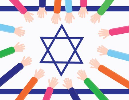Kids hands creating a heart shape on a Israel flag
