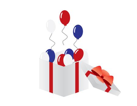 Red, Blue and white balloons flying from a white box with Red ribbonのイラスト素材