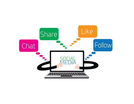 Social media text around a laptop with hands.のイラスト素材