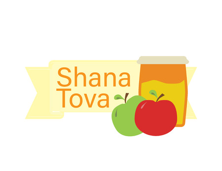 Rosh Hashanah Jewish holiday banner with English text Shana tova, Red and Green apples and honey jar Vector illustration.のイラスト素材