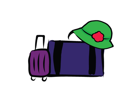 Hand drawn summer travel illustration suitcase and hat.のイラスト素材