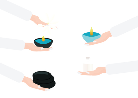 Set of women's hands holding spa and beauty elementsのイラスト素材