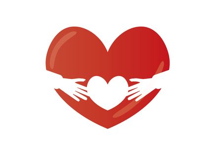 Children day icon. Hands holding white heart on red heart backgroundのイラスト素材