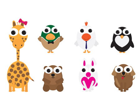 Set of cute vector cartoon animals with big eyesのイラスト素材