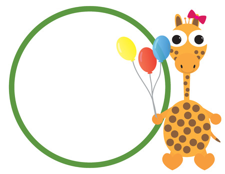Cute giraffe cartoon holding colorful balloons isolated on plain background.のイラスト素材
