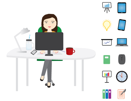 Young woman sitting behind a white desktopのイラスト素材