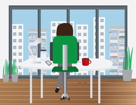 Back view of a woman sitting behind a white desktop and looking at city buildings.のイラスト素材