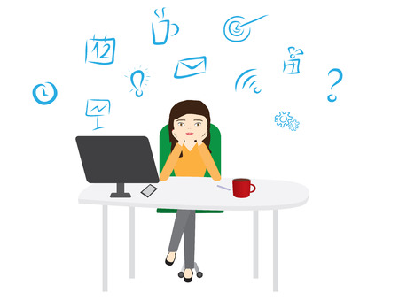 woman sitting behind a white desktop woman leaning on her handsのイラスト素材