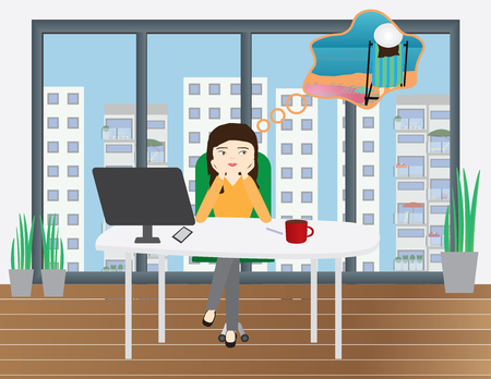 woman sitting behind a white desktop thinking of a summer vacationのイラスト素材