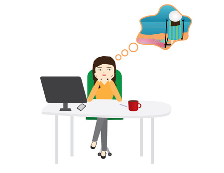 woman sitting behind a white desktop thinking of a summer vacationのイラスト素材