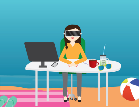 Virtual reality vector illustration. Woman in office with virtual reality glasses on the beachのイラスト素材