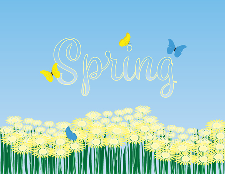 Spring vector background. yellow flowers, grass and butterflies on blue backgroundのイラスト素材