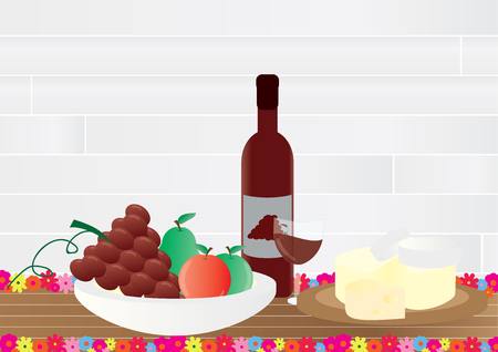 Fruits, wine and cheese on wood surfaceのイラスト素材