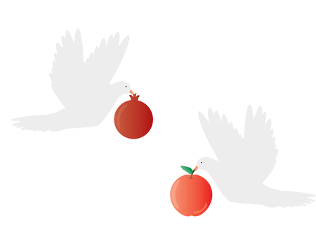 Two White doves holding apple and pomegranateのイラスト素材