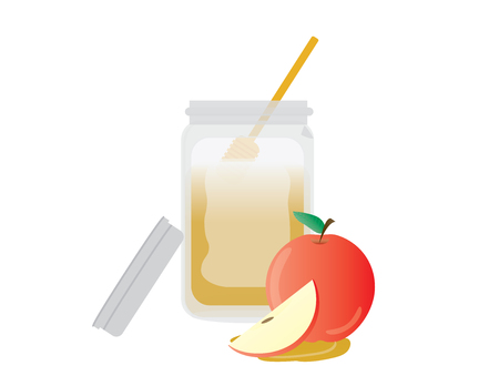 Red apple, apple slice and wooden deeper in honey jar on White backgroundのイラスト素材