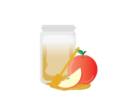 Red apple, apple slice, honey jar and wooden dipper on White backgroundのイラスト素材