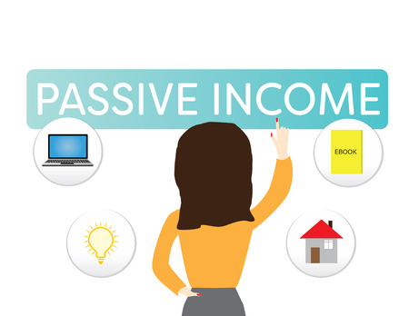 Passive income illustration. Woman Pointing on a passive income signのイラスト素材