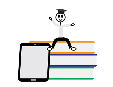 Doodle stickfigure with black graduate cap sitting on books near tabletのイラスト素材
