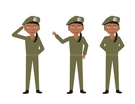 Female soldiers with green uniform and different poses - Stand, Hello, Saluteのイラスト素材