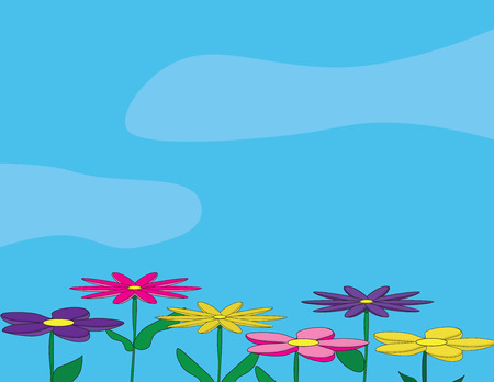 Vector spring illustration. Colorful flowers on Blue sky backgroundのイラスト素材