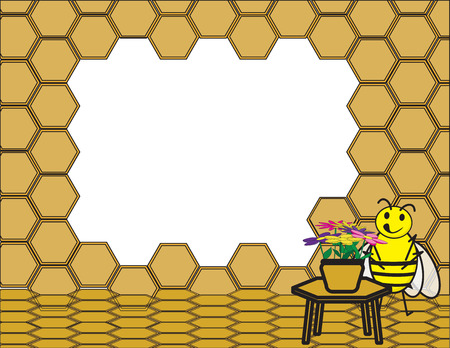 Cute Bee near a table with flowers. honeycomb background frameのイラスト素材