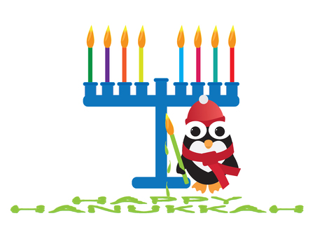 Happy Hanukkah card. Cute penguin with red hat and scarf standing near a blue menora with colorful candles, holding green candle and creating HAPPY HANUKKAH greeting from wax drippingsのイラスト素材