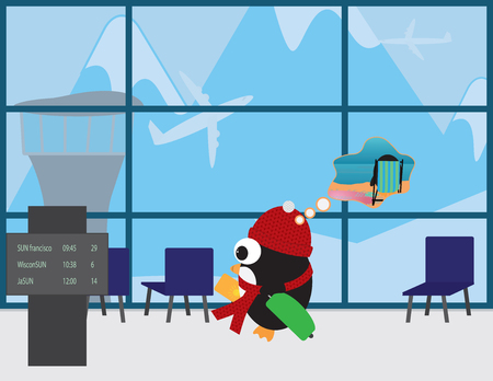 Cute Penguin with Red beanie and scarf in airport traveling to warm placeのイラスト素材