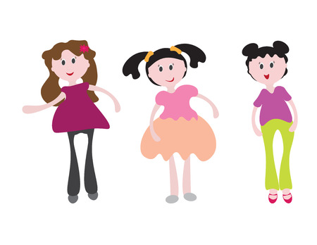 Three girls with summer spring clothes on white backgroundのイラスト素材