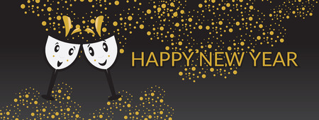 Gold and Black Happy New Year banner with two cute cartoon wine glassesのイラスト素材