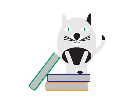 Black and White Cartoon Cat Standing on Booksのイラスト素材