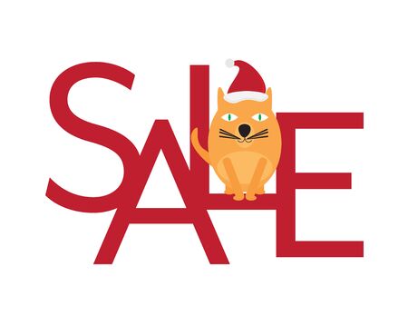 Christmas Sale - Cute Cat with Santa Hat Sitting on Red Lettersのイラスト素材
