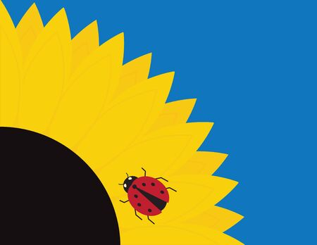 Latge Vector Sunflowers and Ladybug on Blue Backgroundのイラスト素材