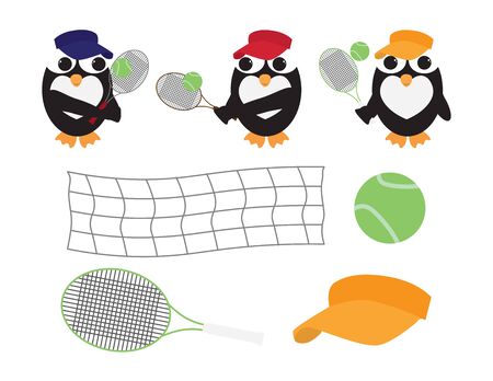 Cute Vector Penguin with Tennis Racket, Ball and Net on White Backgroundのイラスト素材