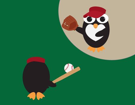 Two Cartoon Penguins Playing Baseball with Red Visors, Baseball Glove, Bat and Ballのイラスト素材
