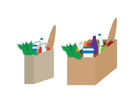 Grocery Bag and Box with Fruits, Vegetables, Bread, Bottles and Jars on White Backgroundのイラスト素材