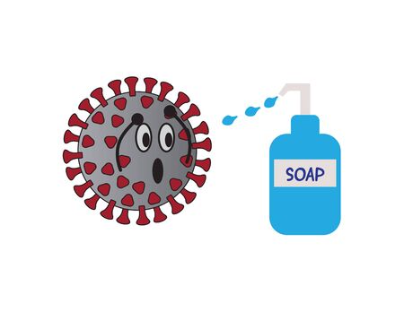 Vector Coronavirus Character afraid Of Liquid Soapのイラスト素材