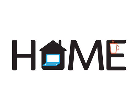 Home Office Logo, The Word HOME, Laptop and Coffee Mug Illustration