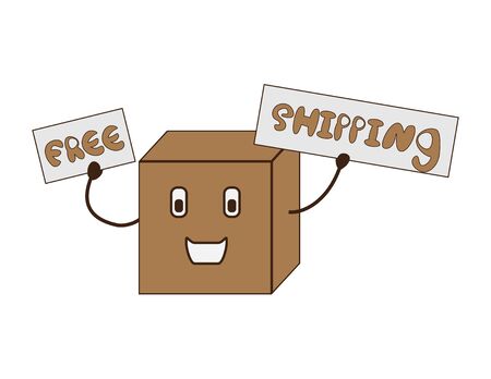 Brown cartoon box holding FREE SHIPPING signのイラスト素材