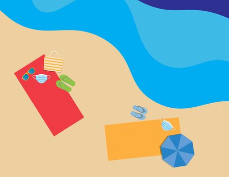 Flat illustration of Colorful beach towels, umbrellas, flip flops, beach bag, sunglasses and face masks in the beachのイラスト素材