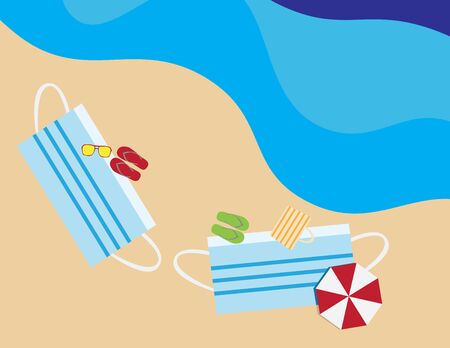 Flat illustration of face masks shape beach towels, umbrellas, flip flops, beach bag and sunglasses in the beachのイラスト素材