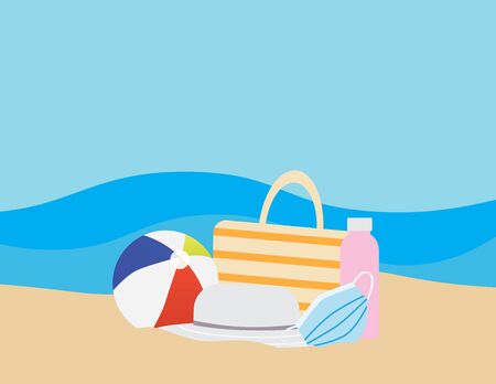 Flat illustration of Colorful beach ball, Beach bag, Water bottle face mask and Hat on Brown sand, and Blue sea on the backgroundのイラスト素材