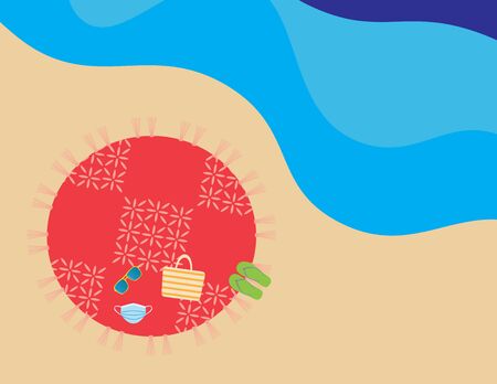 Flat illustration of round beach blanket, beach bag, flip flops, sunglasses and face mask in the beachのイラスト素材