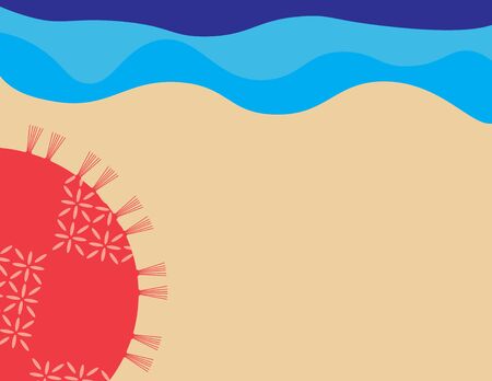 Summer background, Brown sand, Blue sea waves and round beach towelのイラスト素材