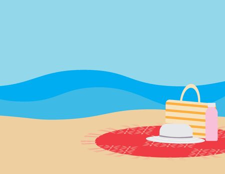 Flat illustration of Beach bag, Water bottle and Hat on round beach blanket Brown sand, and Blue sea on the backgroundのイラスト素材